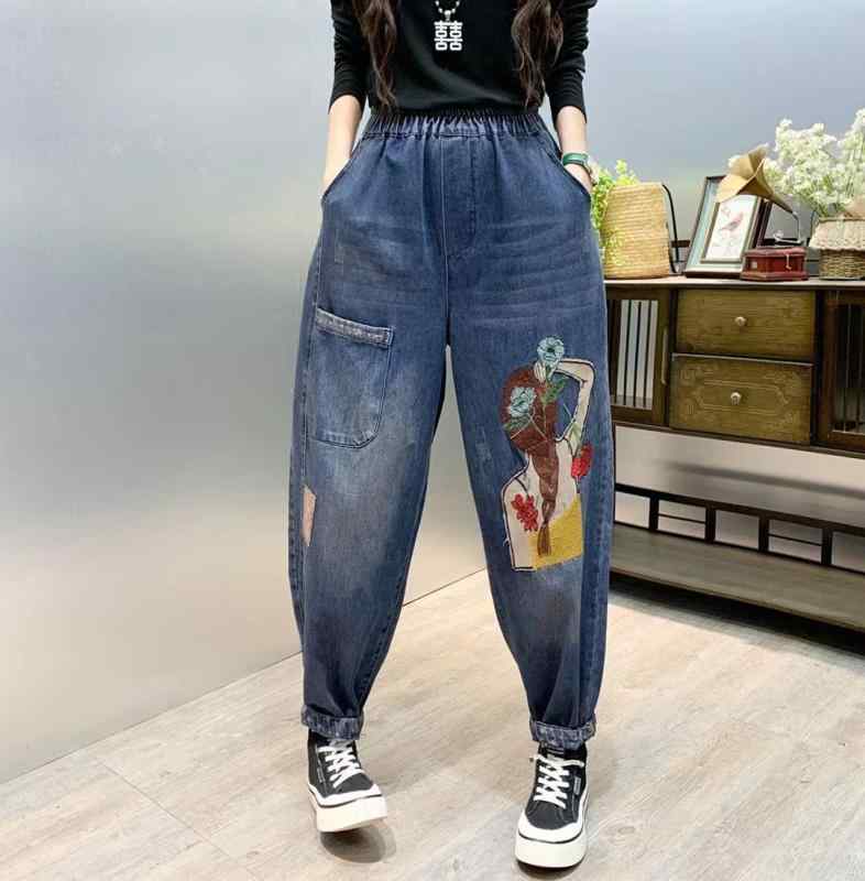 Rakuten - 楽ちん ゆったり パンツ レディース 女性 秋 キャロット ハーレム カジュアル 普段使い デニム ジーンズ レトロ 青 ウエストゴム ポケット 刺繍