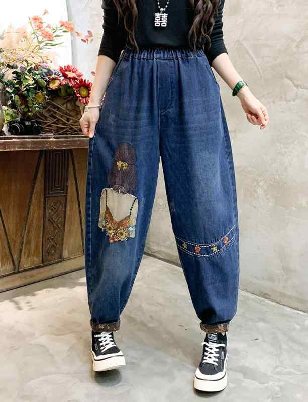 Cropped Pants - ウエストゴム ゆったり パンツ レディース レトロ 女の子 ジーンズ 体型カバー 刺繍 秋 ウォッシュド ロング カジュアル 普段使い シンプル おしゃれ ポケット