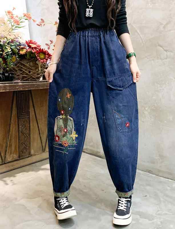 Other - ウエストゴム ゆったり パンツ レディース 秋 レトロ ダメージ 女の子 刺繍 ジーンズ 体型カバー ウォッシュド ロング ポケット カジュアル 普段使い おしゃれ おでかけ