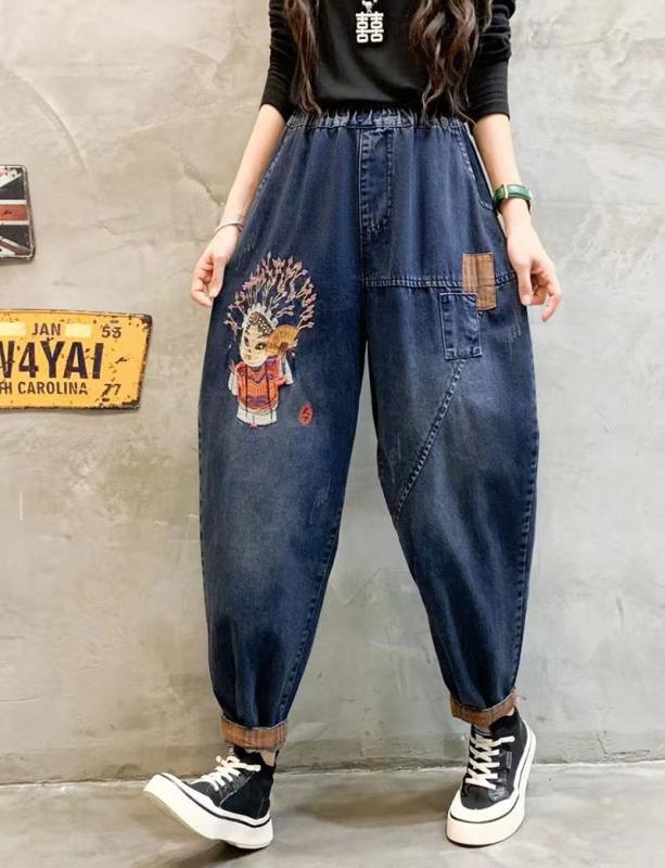Cropped Pants - 楽ちん ゆったり パンツ レディース 女性 秋冬 キャロット ハーレム カジュアル 普段使い デニム レトロ 青 ウエストゴム ウォッシュ 加工 ポケット パッチワーク