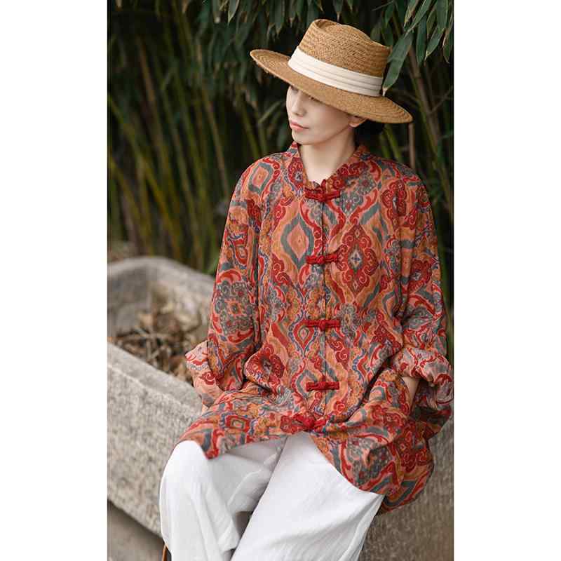 エスニック トップス レディース シャツ 春秋 ミドル丈 チュニック ブラウス レトロ チャイナ風 長袖 スタンドカラー ゆったり カジュアル アジアン おしゃれ 柄プリント