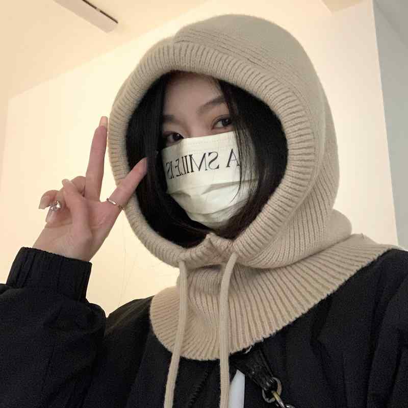帽子 レディース 冬用 防寒 厚手 暖かい 目出し帽 バラクラバ シンプル 耳 カバー ウール フード 紐付き 普段使い サイクリング ニット 黒 茶 グレー 柔らかい カジュアル