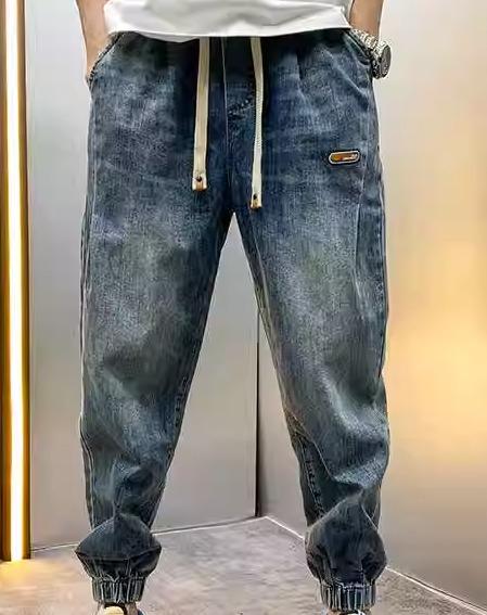 ハーレムパンツ メンズ デニム ジョガー 春夏秋 九分丈 ウエストゴム ドローコード 裾絞り 薄手 耐摩耗性 伸縮性 ゆったり 普段使い 旅行 アメカジ 大きいサイズ 青