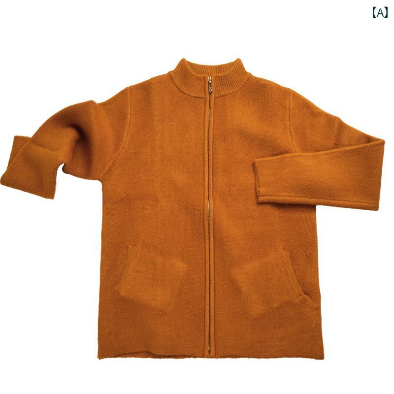 僧侶 衣装 冬 綿 セーター チベット メンズ 暖かい ジャケット 厚手 シンプル ポケット ジッパー 普段使い スタンドカラー 大きいサイズ ゆったり オレンジ 赤 柔らかい