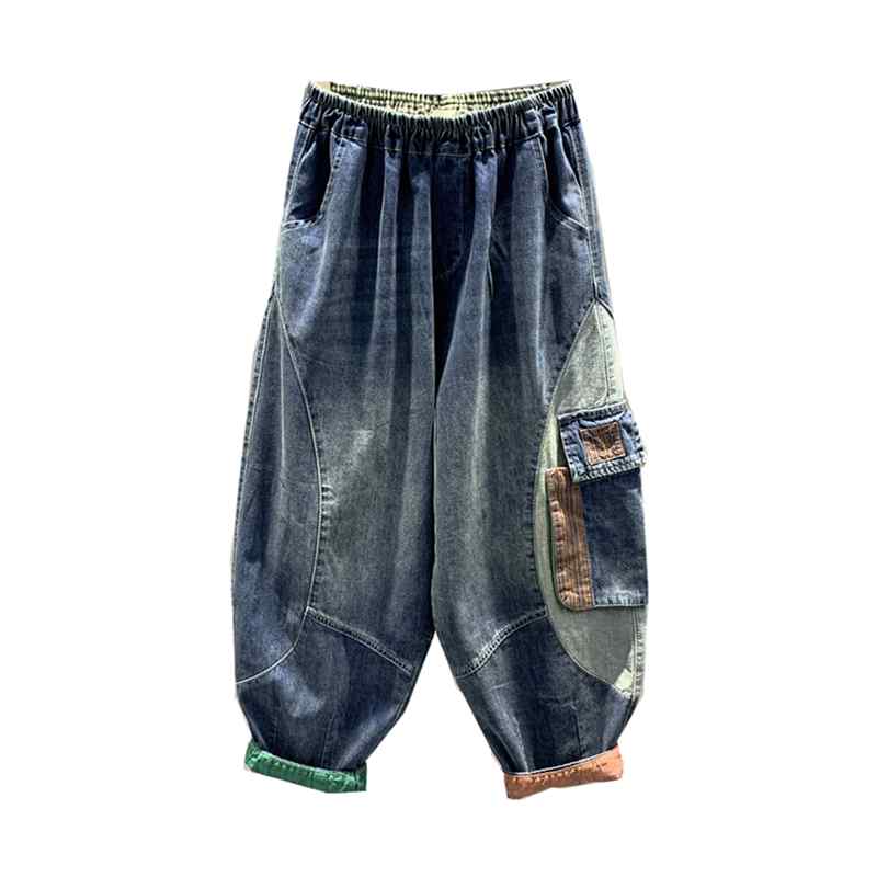 サルエル パンツ デニム レディース 大人 春 ジーンズ コットン ハイウエストゴム ポケット ゆるパン 9分丈 ウォッシュ パッチワーク バルーン ズボン ボトムス ゆったり 体型カバー 着痩せ おしゃれ カジュアル 普段使い お出かけ 青