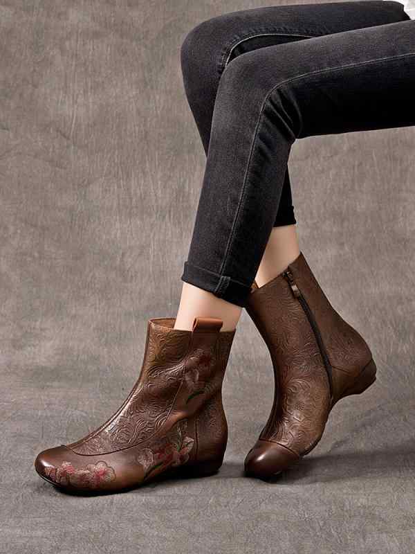 ショートブーツ レディース 大人 エスニック レトロ ラウンドトゥ ローヒール サイドジッパー 普段使い 外出 革 刺繡 花柄 おしゃれ 茶