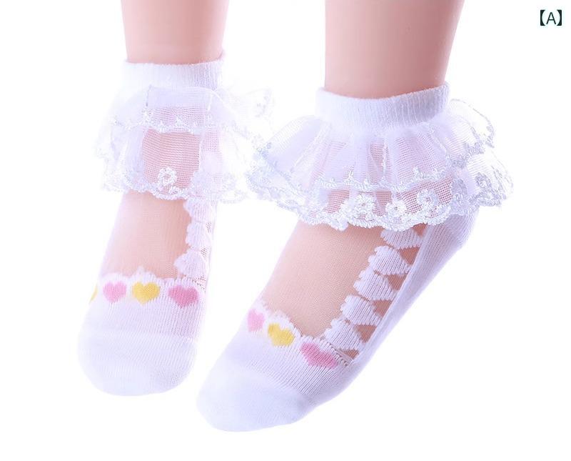 靴下 レース キッズ 女の子 幼児 ジュニア 夏 薄手 通気性 ソックス メッシュ フリル 装飾 発表会 入園式 かわいい 白 青 ピンク ハート柄