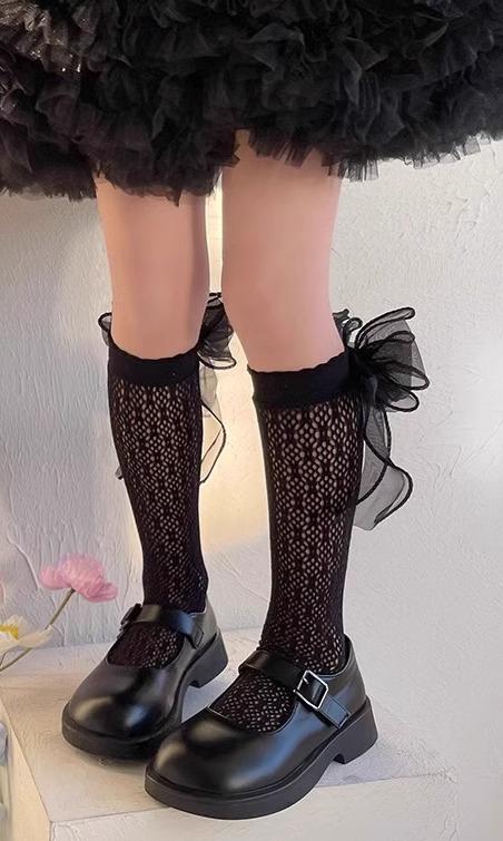 靴下 レース キッズ 女の子 ジュニア 夏 薄手 通気性 ハイソックス メッシュ フリル パール 装飾 ロリータ 発表会 かわいい 白 黒
