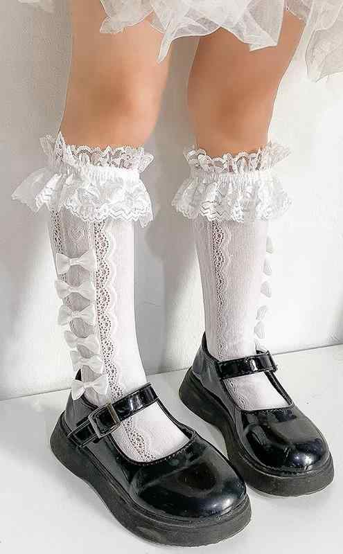 靴下 レース キッズ 女の子 夏 薄手 ハイソックス メッシュ フリル リボン ゴシック ロリータ 発表会 入園式 個性的 かわいい 白 黒