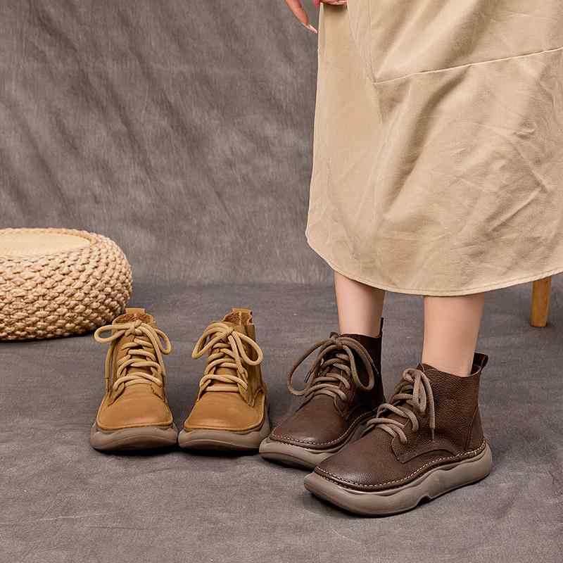 ショートブーツ レディース 大人 春秋 革 普段使い 外出 レースアップ レトロ 厚底 フラット ラウンドトゥ 薄手 カジュアル シンプル おしゃれ 茶