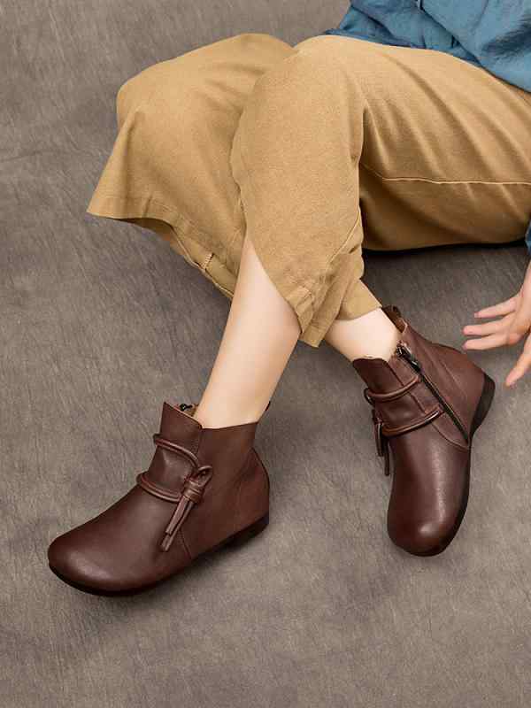 ショートブーツ レディース 大人 普段使い 外出 春秋 革 ソフトソール サイドジッパー ラウンドトゥ ローヒール カジュアル おしゃれ 茶