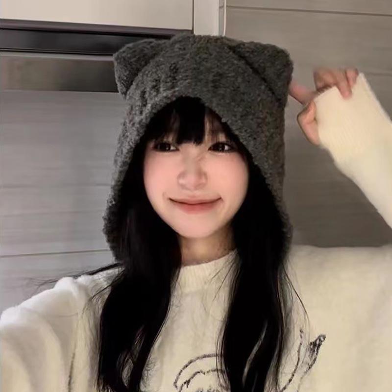 ニット帽 レディース 大人 耳あて かわいい ウール 秋冬 暖かい 防寒 柔らかい ふわふわ 小顔効果 帽子 ビーニー 小物 無地 シンプル カジュアル ストリート 韓国 アウトドア レジャー 旅行 普段使い クマ アニマル 白 黒 グレー
