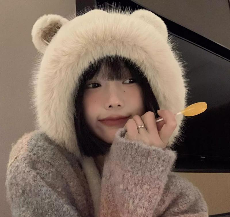 Knit Hat - ニット帽 耳付き レディース かわいい クマ 秋冬 ふわふわ 裏起毛 暖かい 厚手 屋外 防寒 韓国 綿 白 ピンク カーキ シンプル おでかけ