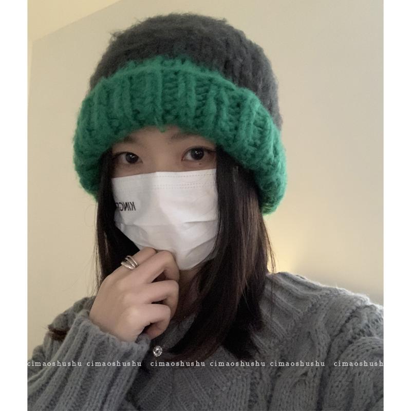Knit Hat - ニット帽 レディース 大人 秋冬 アクリル 折り返し つばなし 深め 小顔効果 防寒 ショッピング 旅行 かわいい シンプル バイカラー 黒 グレー ピンク プレゼント