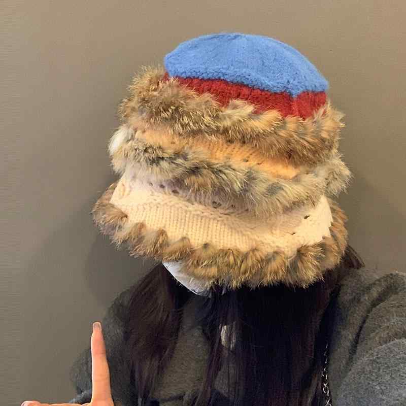 Knit Hat - ニット帽 レディース 大人 秋冬 バケットハット アクリル ファー 深め 暖かい 耳保護 ショッピング お出かけ かわいい カラフル ストライプ 青 グレー プレゼント