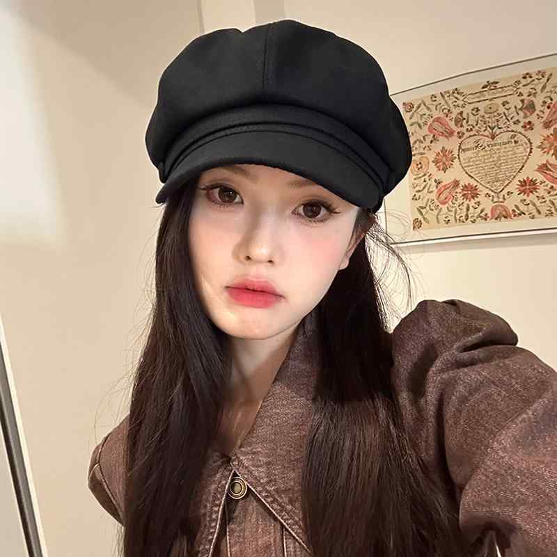 帽子 レディース 秋冬 キャスケット レトロ 韓国 八角形 大きめ つば広 小顔効果 綿麻 通気性 蒸れにくい フリーサイズ シンプル おしゃれ カジュアル 黒 ベージュ キャメル