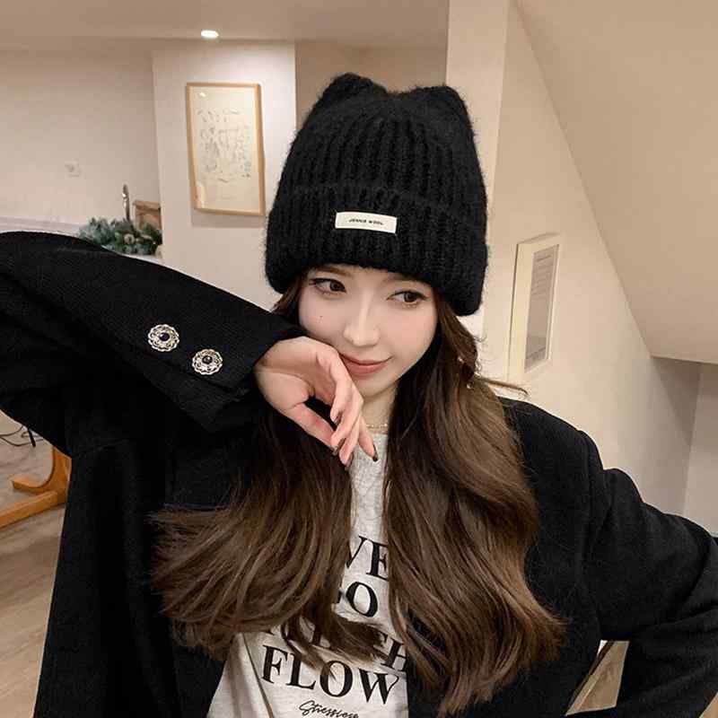 ニット帽 レディース 大人 猫 耳 かわいい ウール 秋冬 厚手 暖かい 防寒 柔らかい 帽子 ビーニー ワッチキャップ 小物 無地 シンプル カジュアル ストリート 韓国 アウトドア レジャー 旅行 普段使い フリーサイズ ベージュ グレー 黒