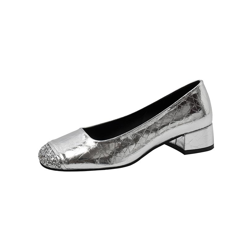 パンプス シルバー おしゃれ レディース エレガント レトロ 上品 婦人靴 ローヒール レザー スパンコール 柔らかい 外出 旅行 普段使い 春秋