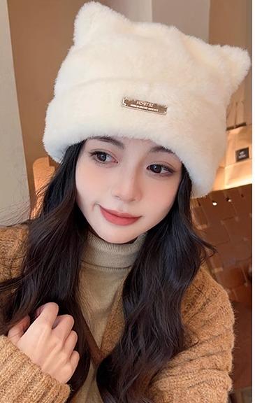 ニット帽 レディース 大人 クマ耳 プレート ウール もこもこ ふわふわ 秋冬 厚手 暖かい 防寒 普段使い..