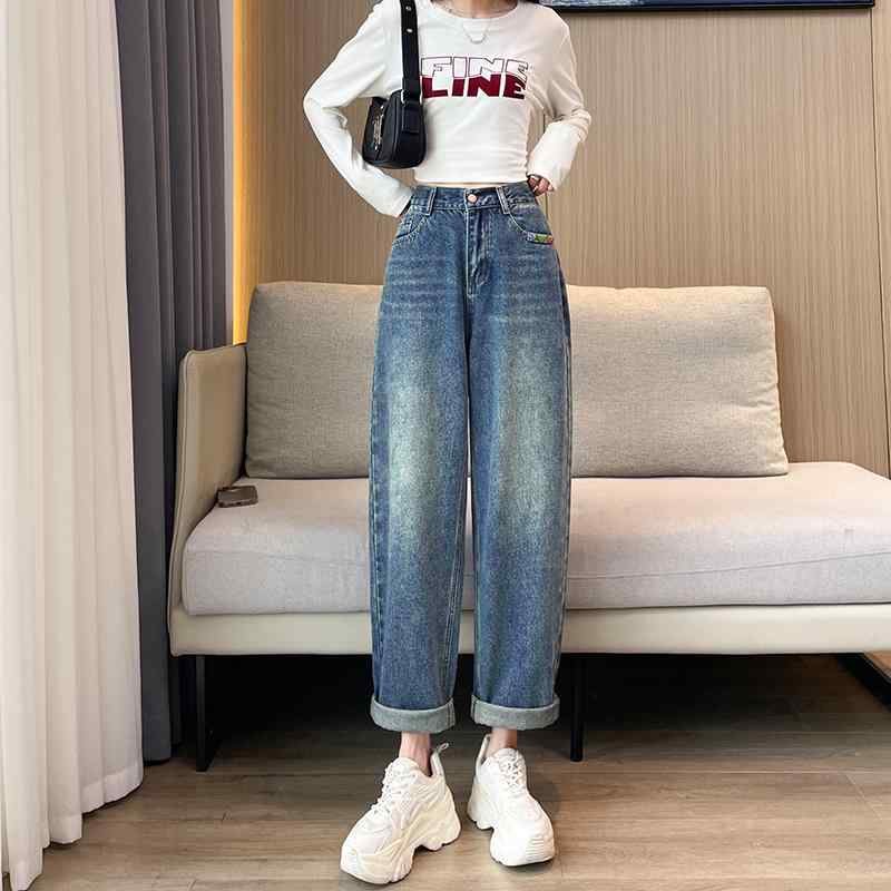 クロップドパンツ レディース デニム おしゃれ 春秋冬 大きいサイズ ゆったり 脚長効果 体型カバー ハイウエスト テーパード ポケット ジッパー 立体的 伸縮性 青(4.0)