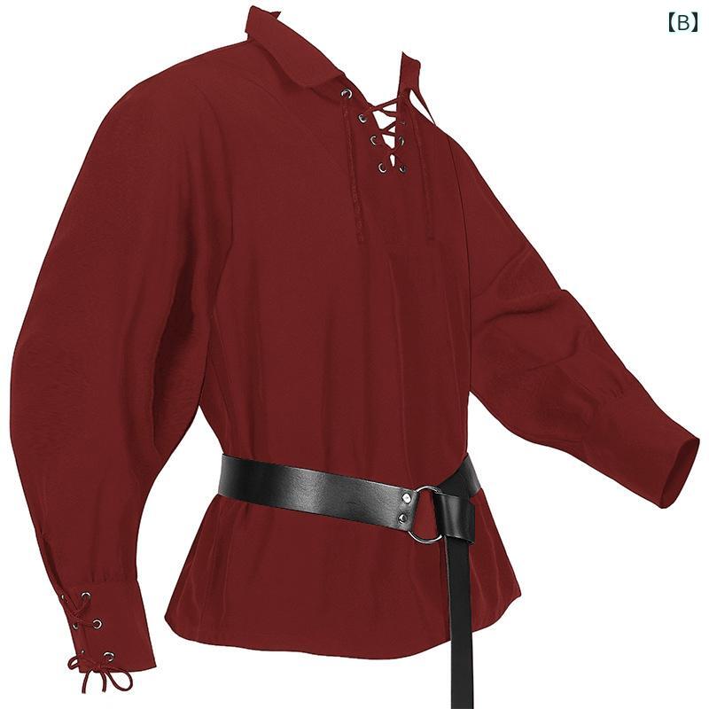 中世 コスチューム メンズ ルネッサンス 長袖 トップス レースアップ 大きいサイズ 王子 海賊 騎士 衣装 コスプレ 舞台 パフォーマンス イベント 仮装 ハロウィン 黒 青 赤