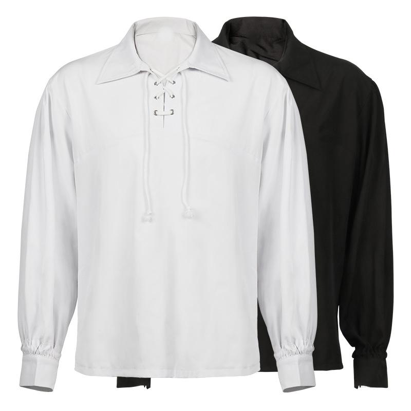 中世 コスチューム メンズ トップス レトロ 長袖 レースアップ 大きいサイズ 王子 海賊 騎士 コスプレ 衣装 舞台 パフォーマンス イベント 仮装 ハロウィン 黒 白 無地