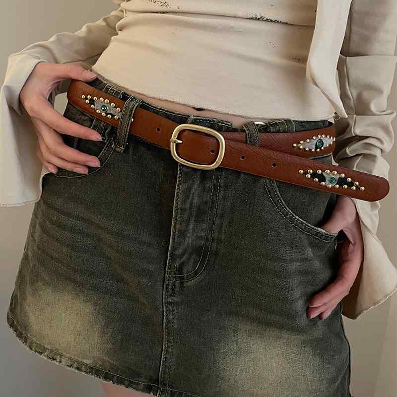ベルト レディース エスニック 象嵌 レトロ スタッズ PU バックル 合金 カジュアル ジーンズ スカート パンツ おしゃれ 茶色