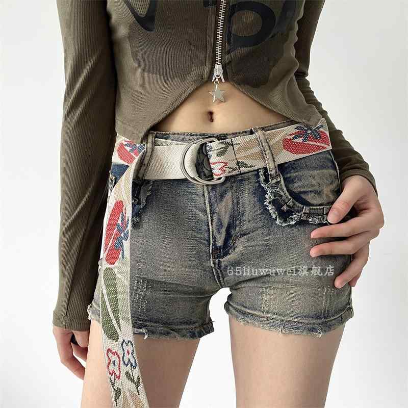 ベルト レディース キャンバス 韓国 レトロ カジュアル おしゃれ パンチフリー 春秋 バックル 合金 パンツ スカート ジーンズ 花柄 カーキ