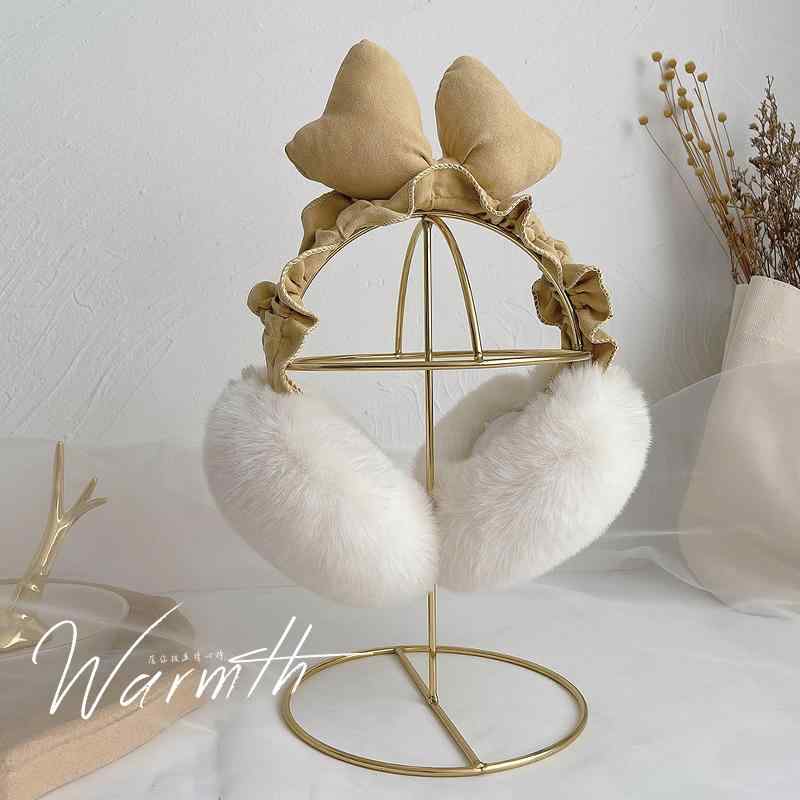 耳あて レディース 韓国 冬 防寒 保温 暖かい フェイクファー ふわふわ 柔らかい イヤーマフ 折りたたみ可能 フリル リボン付き 個性的 かわいい 白