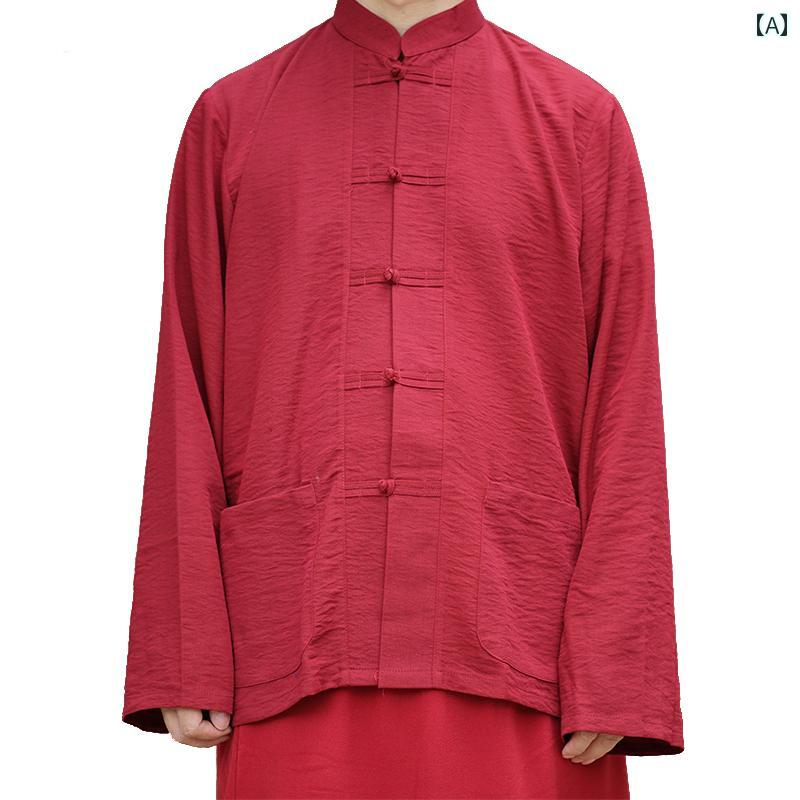 僧侶 衣装 ラマ 夏 長袖 バックル チベット エスニック 薄手 ジャケット トップス 赤 黄色 大きいサイズ ポケット シンプル 普段使い