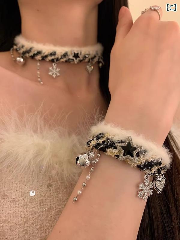 レディース チョーカー ネックレス アクセサリー 秋冬 クリスマス ふわふわ スノーフレーク パール チャーム ファー ビーズ ホワイト ブラック