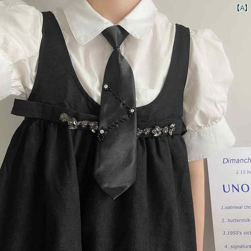 制服 ネクタイ 女子 ワンタッチ ポリエステル パールビーズ アクセサリー JK コスプレ ステージ 衣装 かわいい モノトーン 黒 白 花