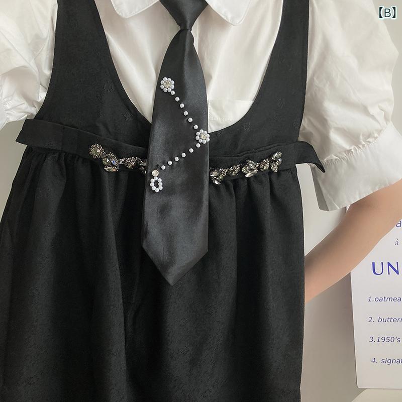 制服 ネクタイ 女子 ワンタッチ ポリエステル パールビーズ アクセサリー JK コスプレ ステージ 衣装 かわいい モノトーン 黒 白 花