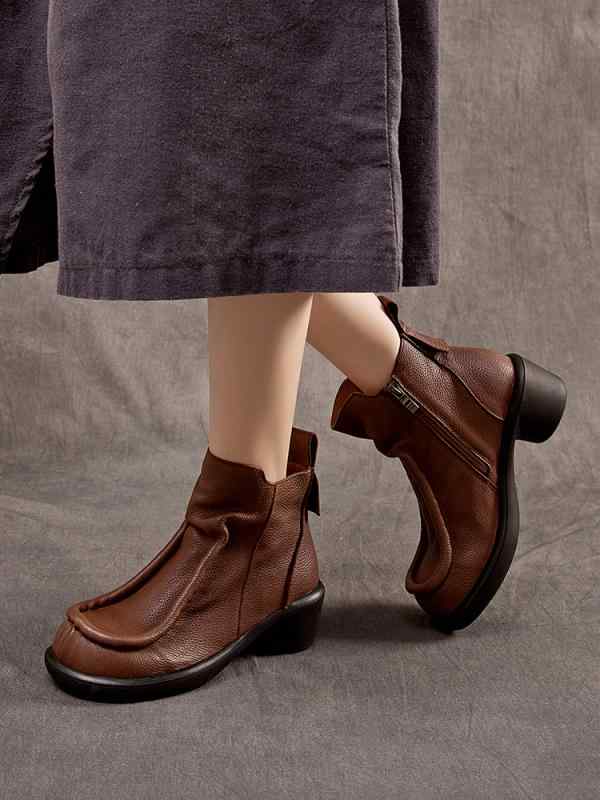 ショートブーツ レディース 歩きやすい ラウンドトゥ レトロ 牛革 快適 普段使い 旅行 おしゃれ サイドジッパー 厚底 滑りにくい 柔らかい 茶 太ヒール