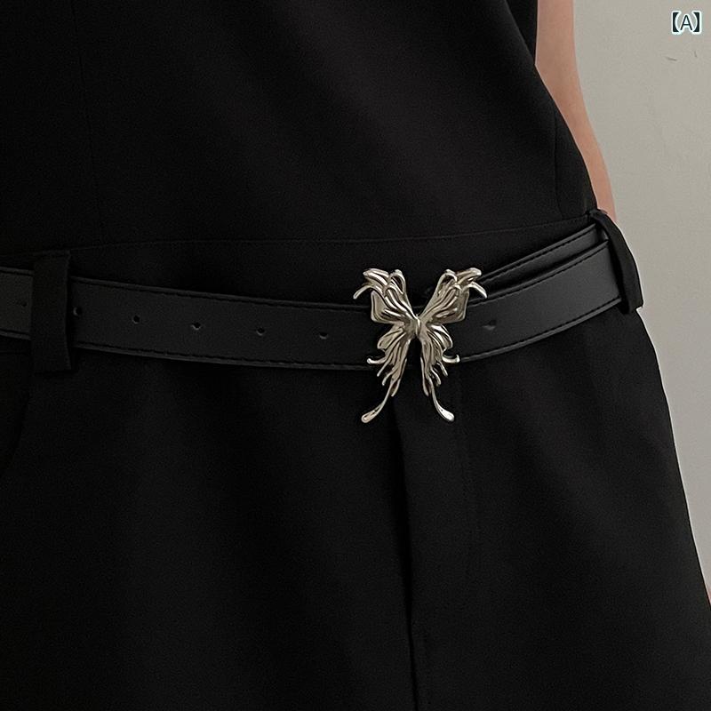 ベルト レディース バックル ウエスト 金具 装飾 アクセサリー おしゃれ 蝶 ジーンズ パンツ スカート PUレザー 外出 普段使い 黒 韓国