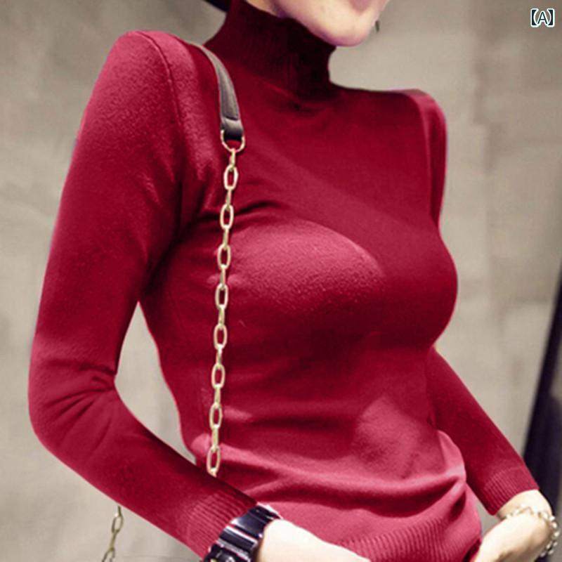 Turtleneck - レディース ハイネック ニット 秋冬 長袖 厚手 レトロ トップス セーター インナー 大きいサイズ スリム フィット シンプル カジュアル エレガント 赤 青 黒 無地