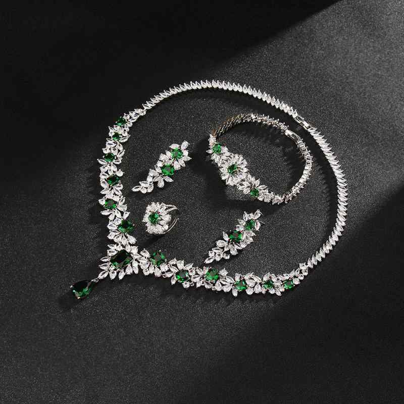 ドレス アクセサリー キラキラ カラーストーン 合金 ネックレス ピアス ブレスレット 指輪 4点セット 揺れる 大ぶり 新婦 ウエディング パーティー ゴージャス 緑 青 赤
