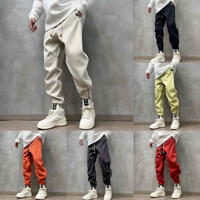Skinney Pants - メンズ ジョガーパンツ スリム 秋冬 長ズボン スウェット ジッパー 刺繍 カジュアル 普段使い スポーツ スナップボタン ブラウン オレンジ グリーン