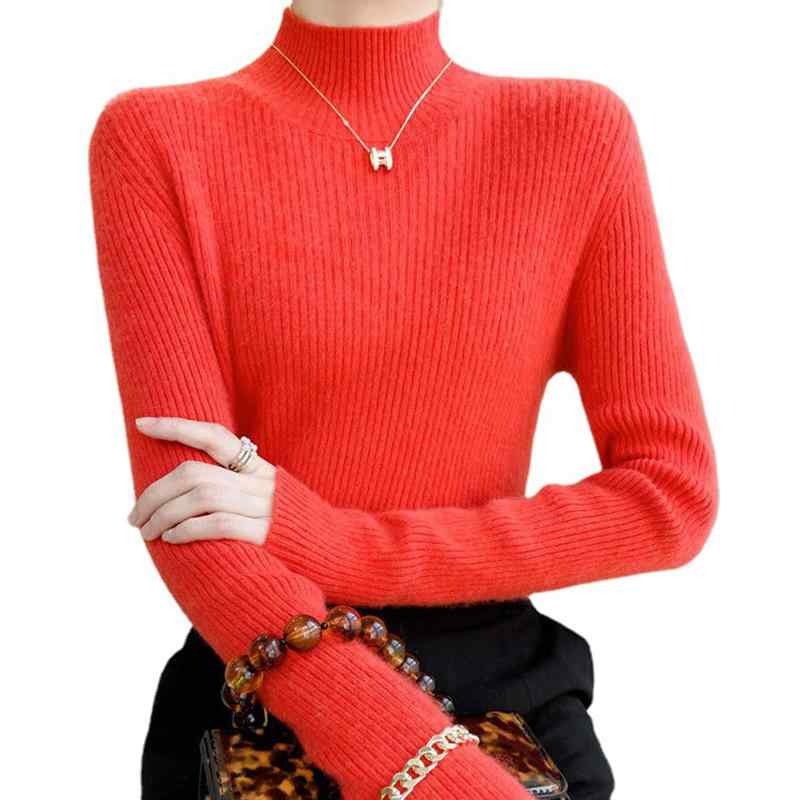 Turtleneck - レディース ハイネック ニット 韓国 秋冬 長袖 厚手 トップス セーター 大きいサイズ フィット シンプル カジュアル エレガント 赤 黒 ピンク 無地