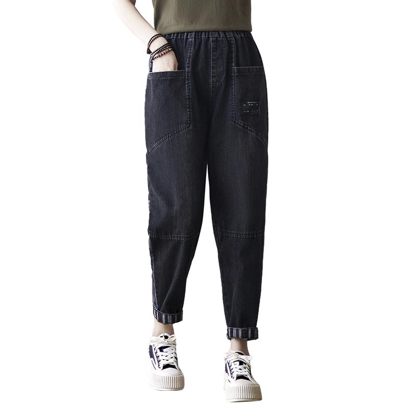 ゆったり パンツ レディース 大きいサイズ 春秋 ウエストゴム ジーンズ キャロット カジュアル デニム レトロ 黒 折り返し おしゃれ ポケット