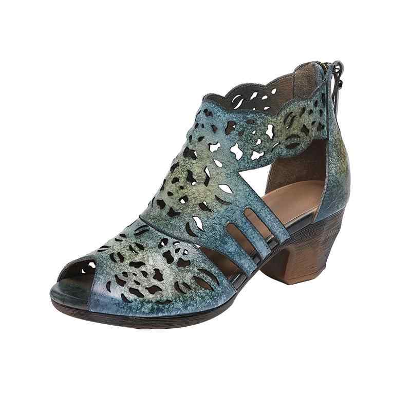 オープントゥ ブーツサンダル レディース おしゃれ 夏 レトロ シューズ 女性用 エスニック ジッパー 牛革 カジュアル 繊細 快適 通気性 柔らかい 吸湿性 普段使い お出かけ 模様 青