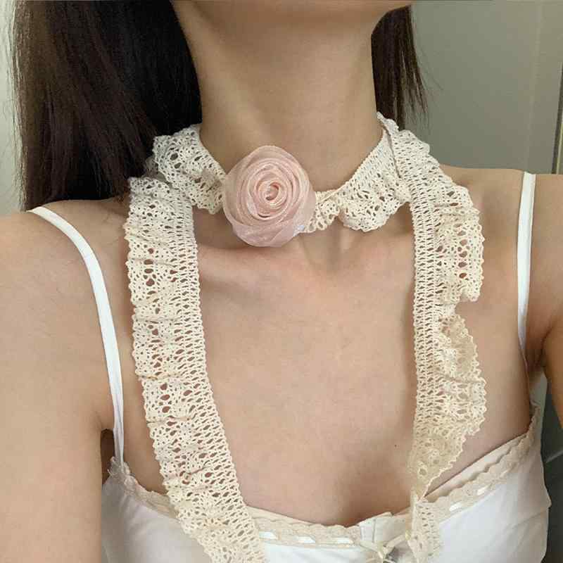 Other - チョーカー ネックレス レディース おしゃれ 大ぶり シンプル カジュアル アクセサリー 花 レース 薔薇 モチーフ 装飾 透かし編み フリル 首飾り 鎖骨 延長 調整可能 甘辛 ゴシック ロリータ 普段使い お出かけ プレゼント ピンク アイボリー