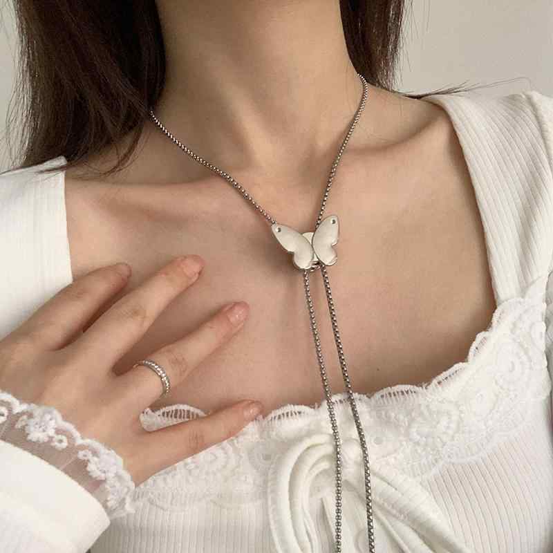ネックレス チョーカー レディース 大人 大ぶり ロング おしゃれ シンプル アクセサリー チタン 鋼 蝶 花 ペンダント 鎖骨 延長 チェーン アジャスター 調整可能 韓国 レトロ 普段使い お出かけ 結婚式 お呼ばれ プレゼント シルバー