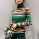 タートルネック レディース 冬 長袖 ニット トップス インナー セーター スリム フィット シンプル カジュアル おしゃれ 緑 ストライプ柄(4)