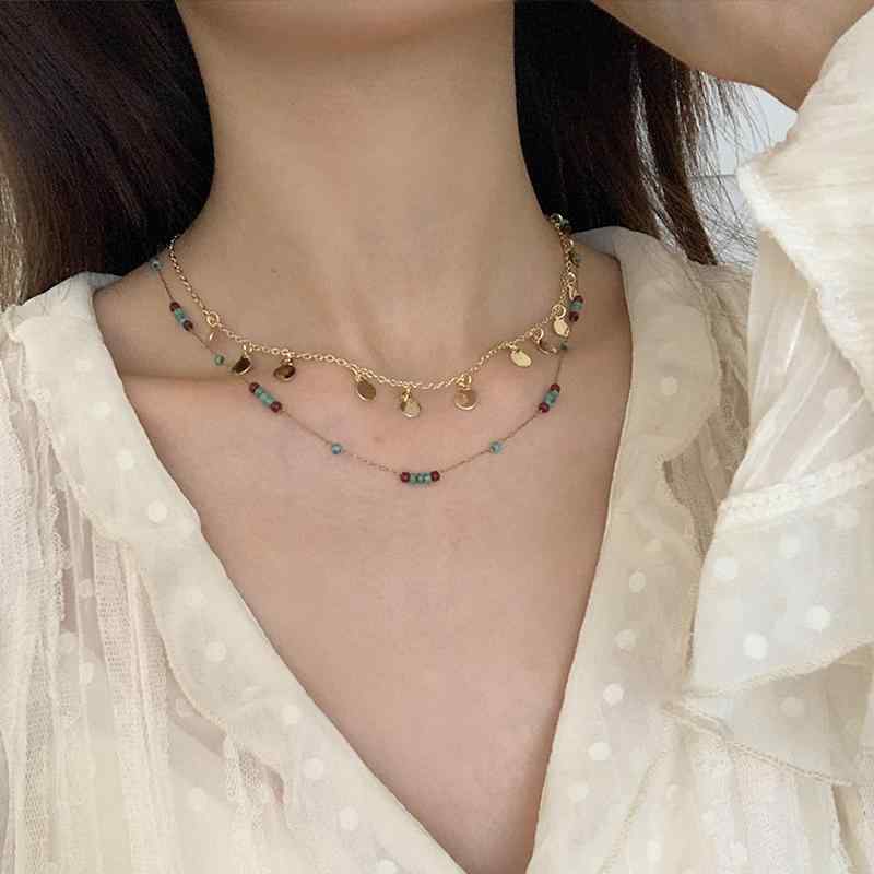 SWAROVSKI - ネックレス レディース 大人 おしゃれ シンプル カジュアル アクセサリー ペンダント ビーズ ラウンド コイン 短め 鎖骨 延長 チェーン アジャスター 調整可能 ボヘミアン 普段使い お出かけ お呼ばれ プレゼント ゴールド 緑 セット