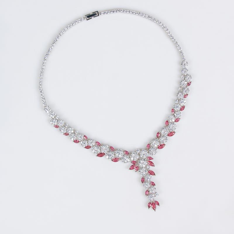 ドレス アクセサリー レディース 花 ジルコニア ネックレス ピアス 2点セット 合金 軽量 キラキラ 揺れる 上品 イブニング パーティー おしゃれ 緑 赤 青