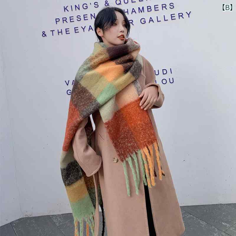 マフラー レディース 大人 大きめ ロング ショール 秋冬 韓国 暖かい 厚手 保温 防寒 防風 レインボーストライプ フリンジ カジュアル おしゃれ ピンク グレー 黄