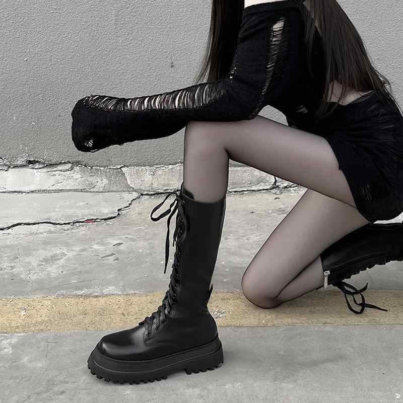 ライディングブーツ レディース 春秋 牛革 ロング ラウンドトゥ レースアップ サイドジッパー 裏起毛 ..