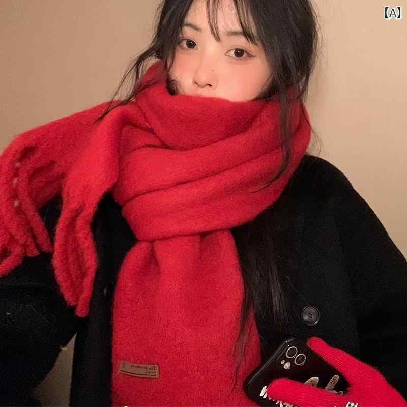 マフラー レディース 韓国 冬 厚手 暖かい ネックウォーマー ショール 長方形 ロング 無地 シンプル 上品 お出かけ 防寒 保温 赤 アイボリー 茶