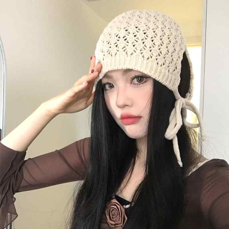 ニット帽 レディース 春秋冬 帽子 ビーニー ボンネット 小物 紐付き つばなし 小顔効果 薄手 通気性 防寒 お出かけ 普段使い 韓国 おしゃれ ベージュ 赤 黒